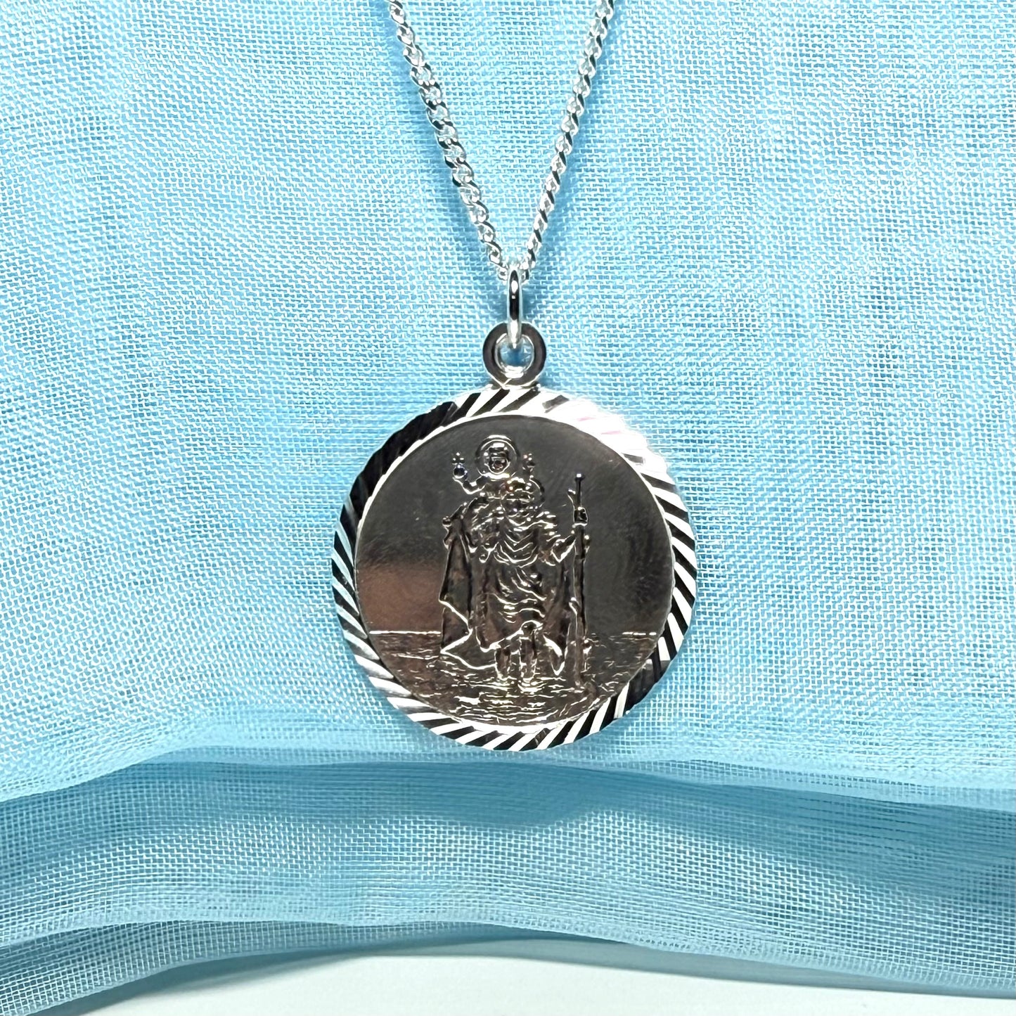 25 mm Sterling silver large round St. Christopher including chain
