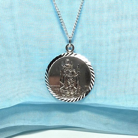 25 mm Sterling silver large round St. Christopher including chain