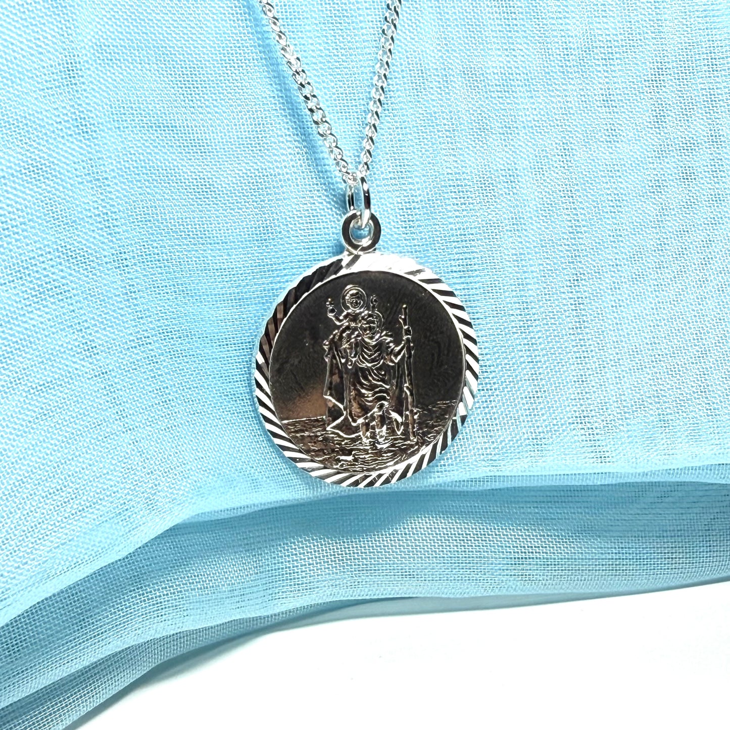 25 mm Sterling silver large round St. Christopher including chain