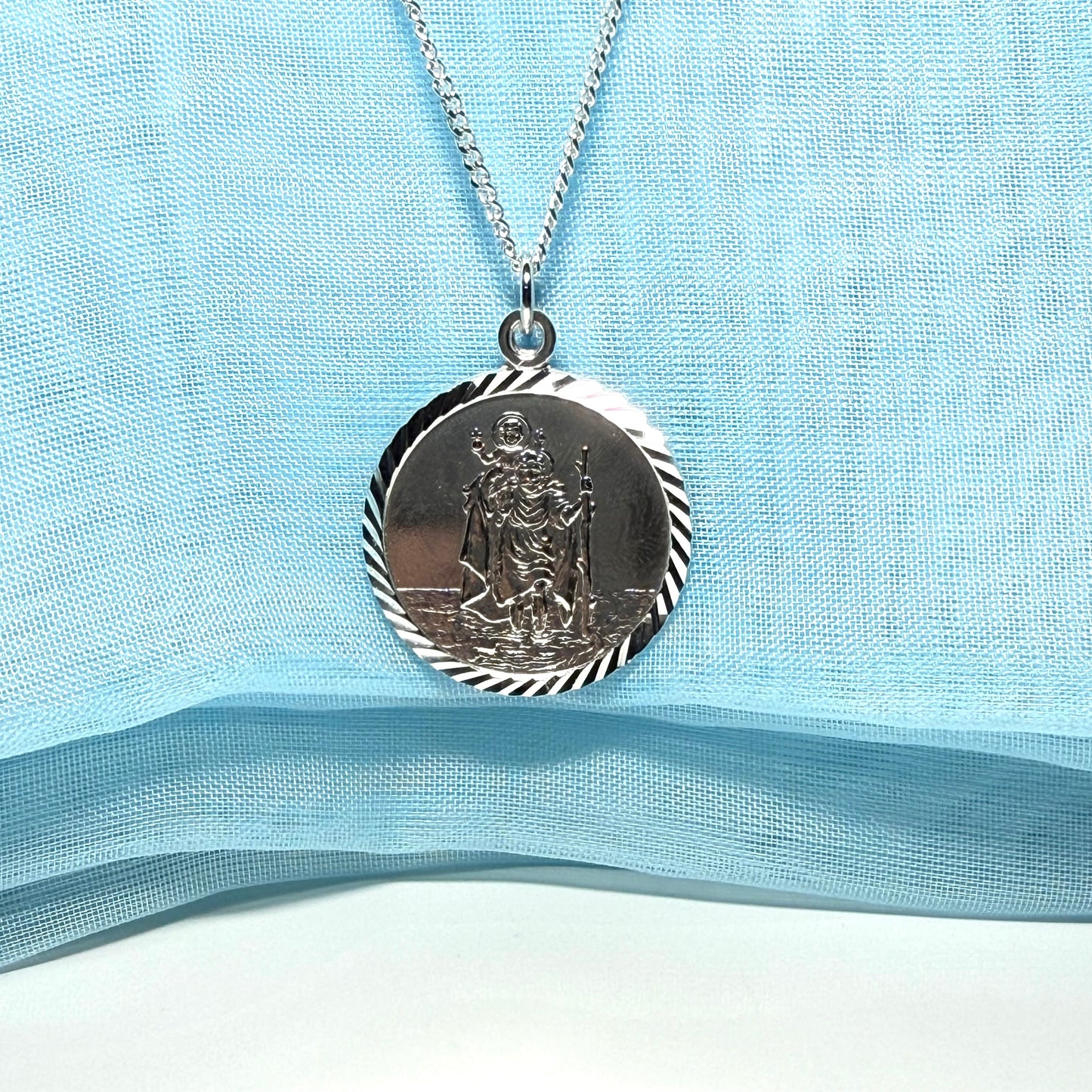 25 mm Sterling silver large round St. Christopher including chain
