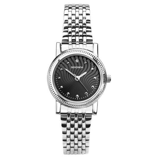2680 Sekonda Ladies Round Silver Coloured Bracelet Watch Black Dial