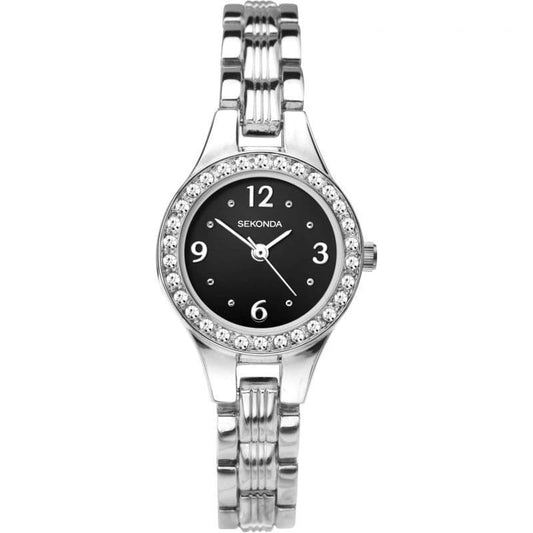 2695 Sekonda Round Black Crystal Set Ladies Stainless Steel Bracelet Watch
