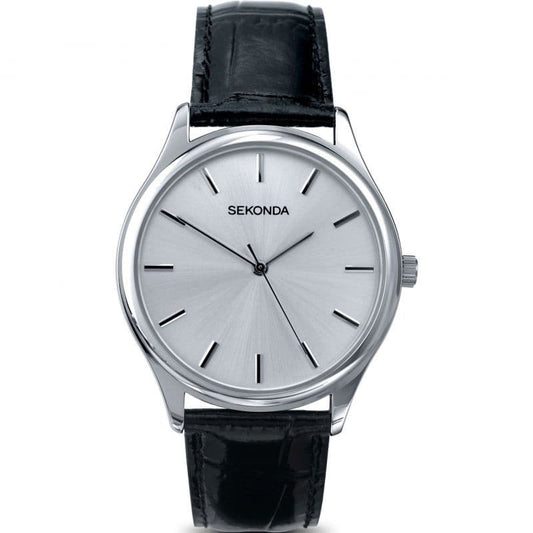 3099 Sekonda Black Strap Round Watch Men's Clear Silver Dial And Silver Coloured Battens