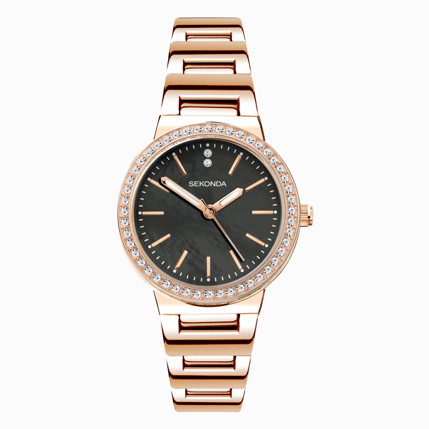 40530 Sekonda Watch Amelia Ladies Rose Gold Plated Bracelet Black Dial Crystal Set