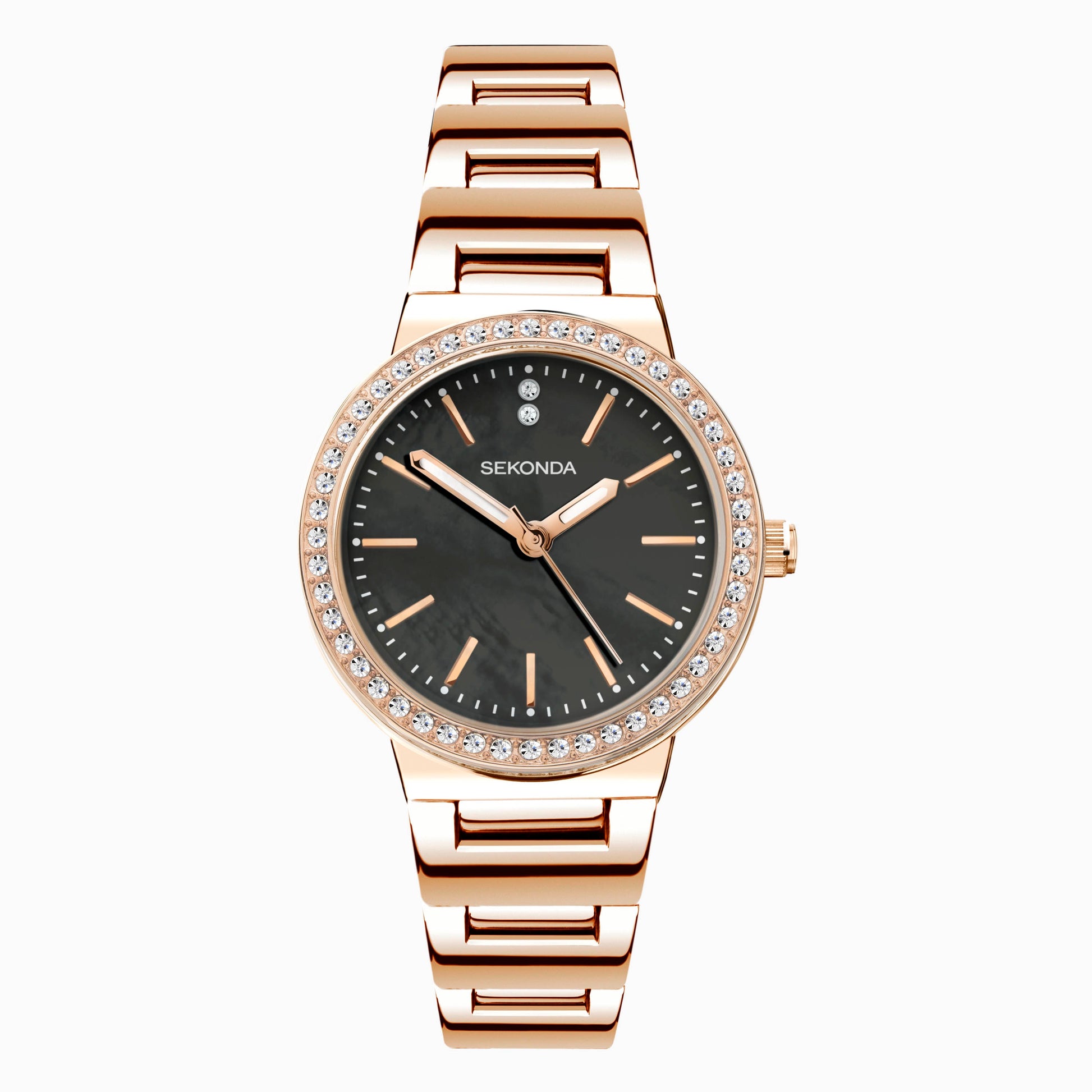 40530 Sekonda Watch Amelia Ladies Rose Gold Plated Bracelet Black Dial Crystal Set