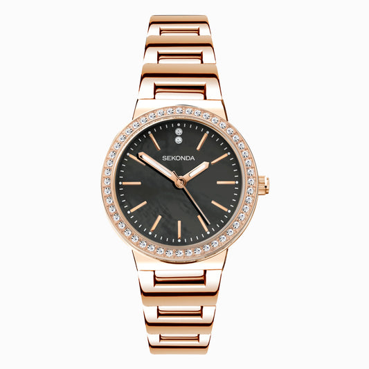 40530 Sekonda Watch Amelia Ladies Rose Gold Plated Bracelet Black Dial Crystal Set