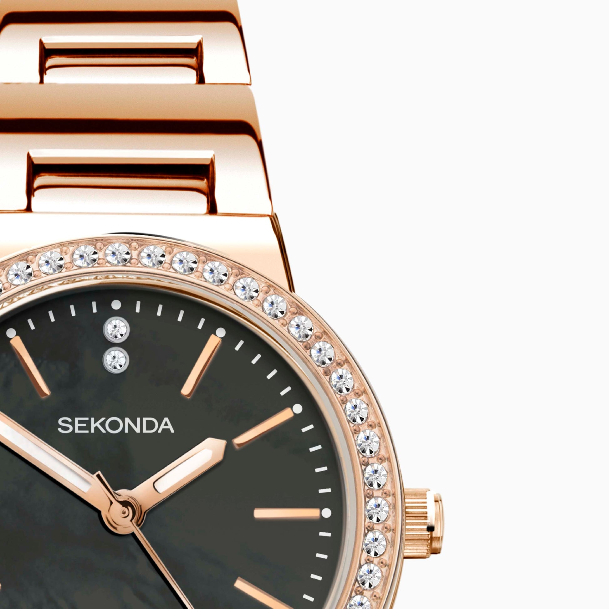 40530 Sekonda Watch Amelia Ladies Rose Gold Plated Bracelet Black Dial Crystal Set