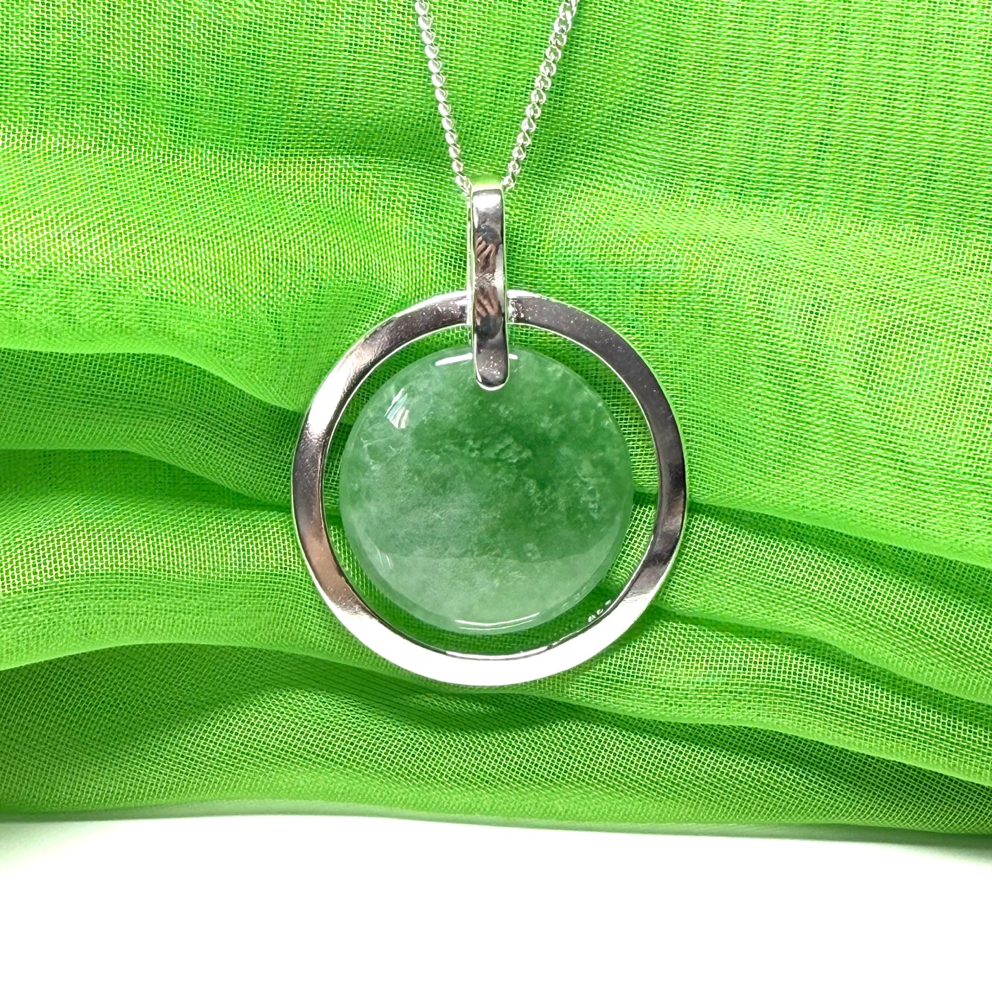 Large necklace sterling silver round shaped green real jade halo styled pendant with a solid curb chain included