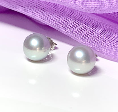 Real freshwater cultured light grey pearl white gold stud earrings