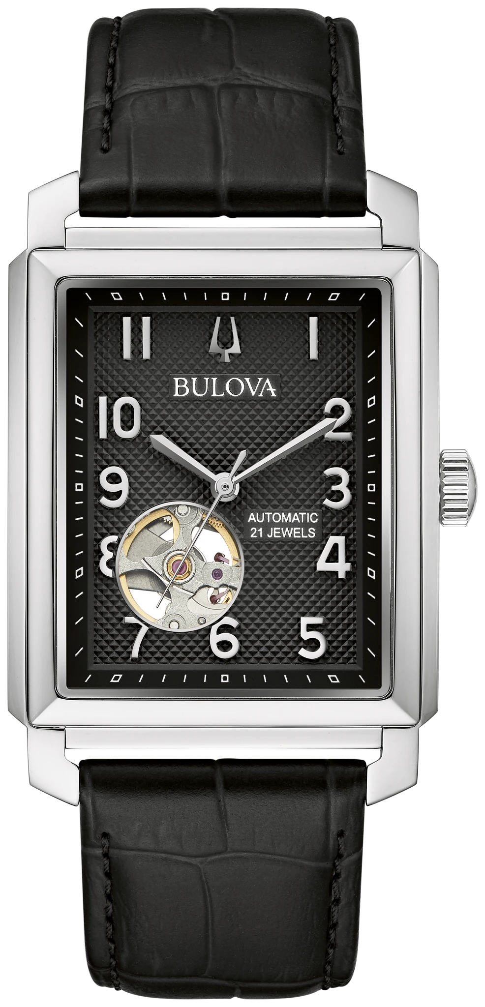 96A269 Automatic Bulova Watch Stainless Steel Black Dial Black Leather Strap