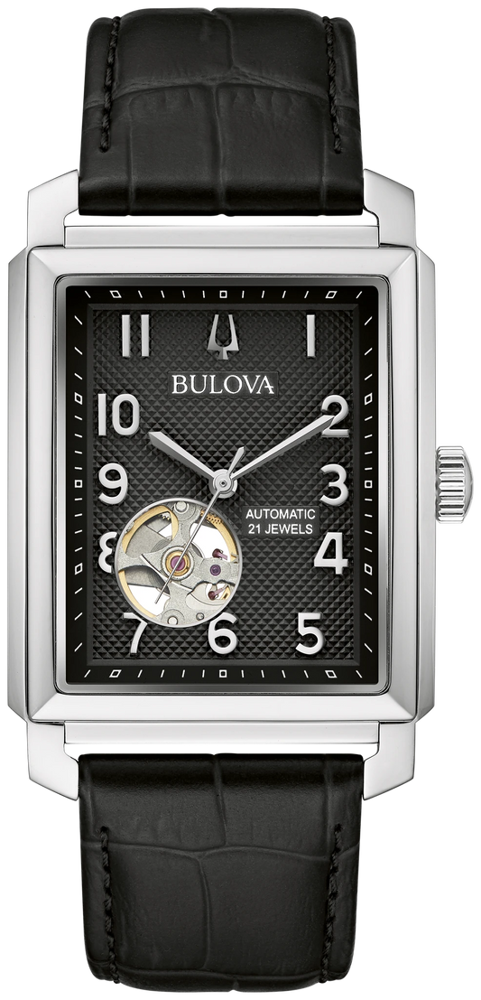 96A269 Automatic Bulova Watch Stainless Steel Black Dial Black Leather Strap