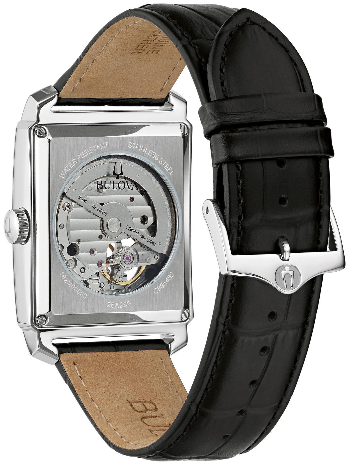 96A269 Automatic Bulova Watch Stainless Steel Black Dial Black Leather Strap Back view showing the movement