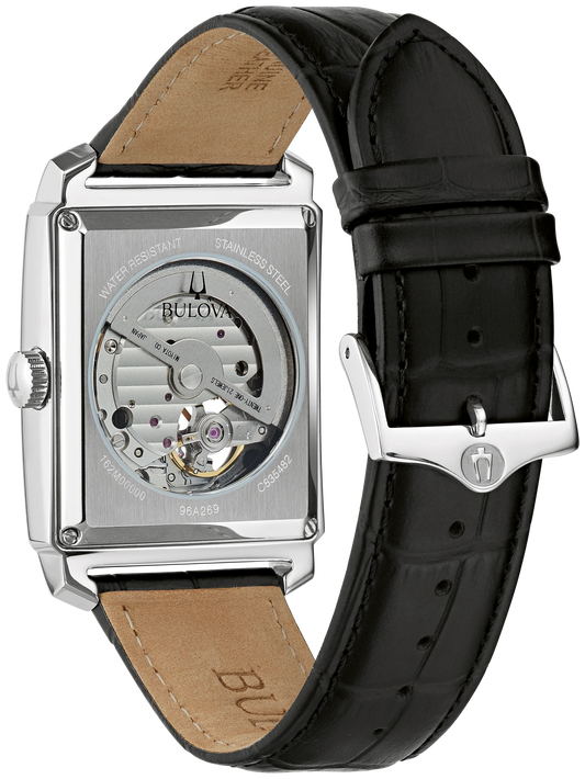 96A269 Automatic Bulova Watch Stainless Steel Black Dial Black Leather Strap Back view showing the movement