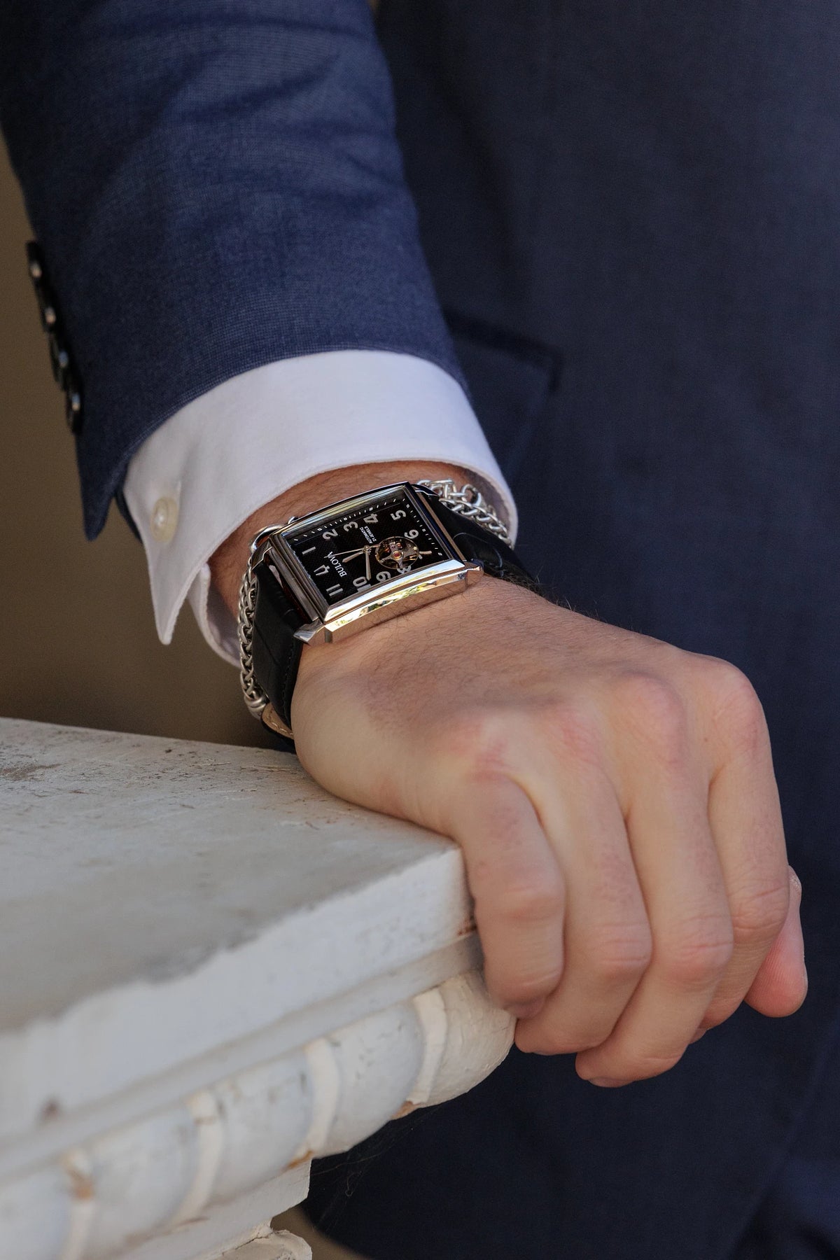 96A269 Automatic Bulova Watch Stainless Steel Black Dial Black Leather Strap on the wrist