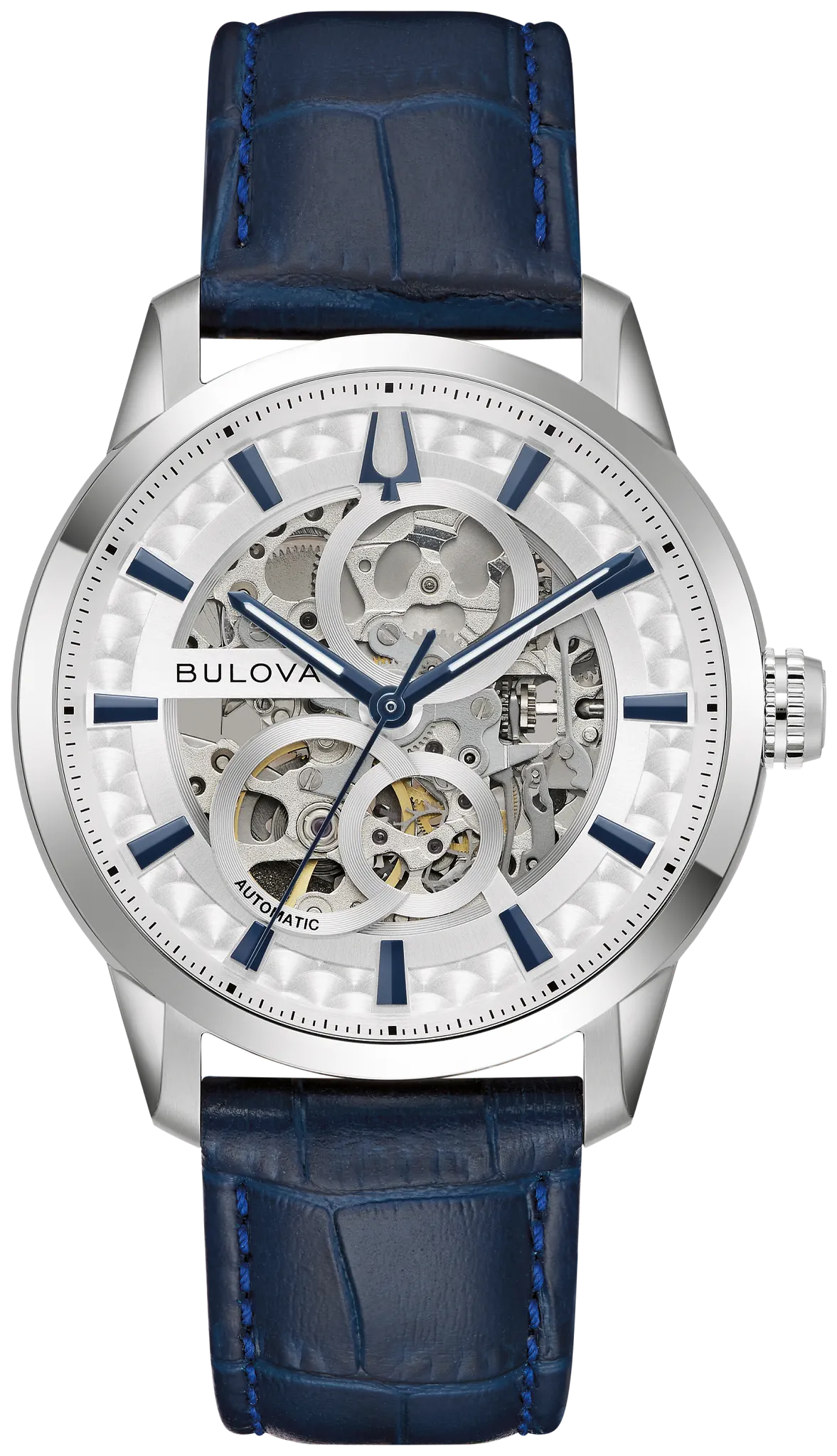 96A330 Automatic Sutton Skeleton Bulova Watch Stainless Steel Blue Dial Blue Leather Strap