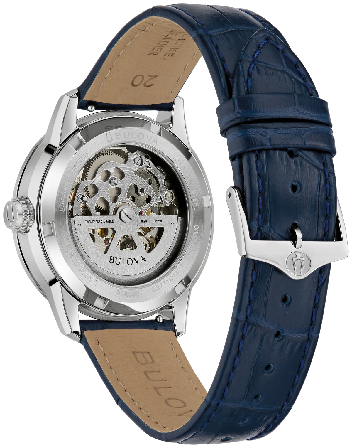 96A330 Automatic Sutton Skeleton Bulova Watch Stainless Steel Blue Dial Blue Leather Strap Showing the movement