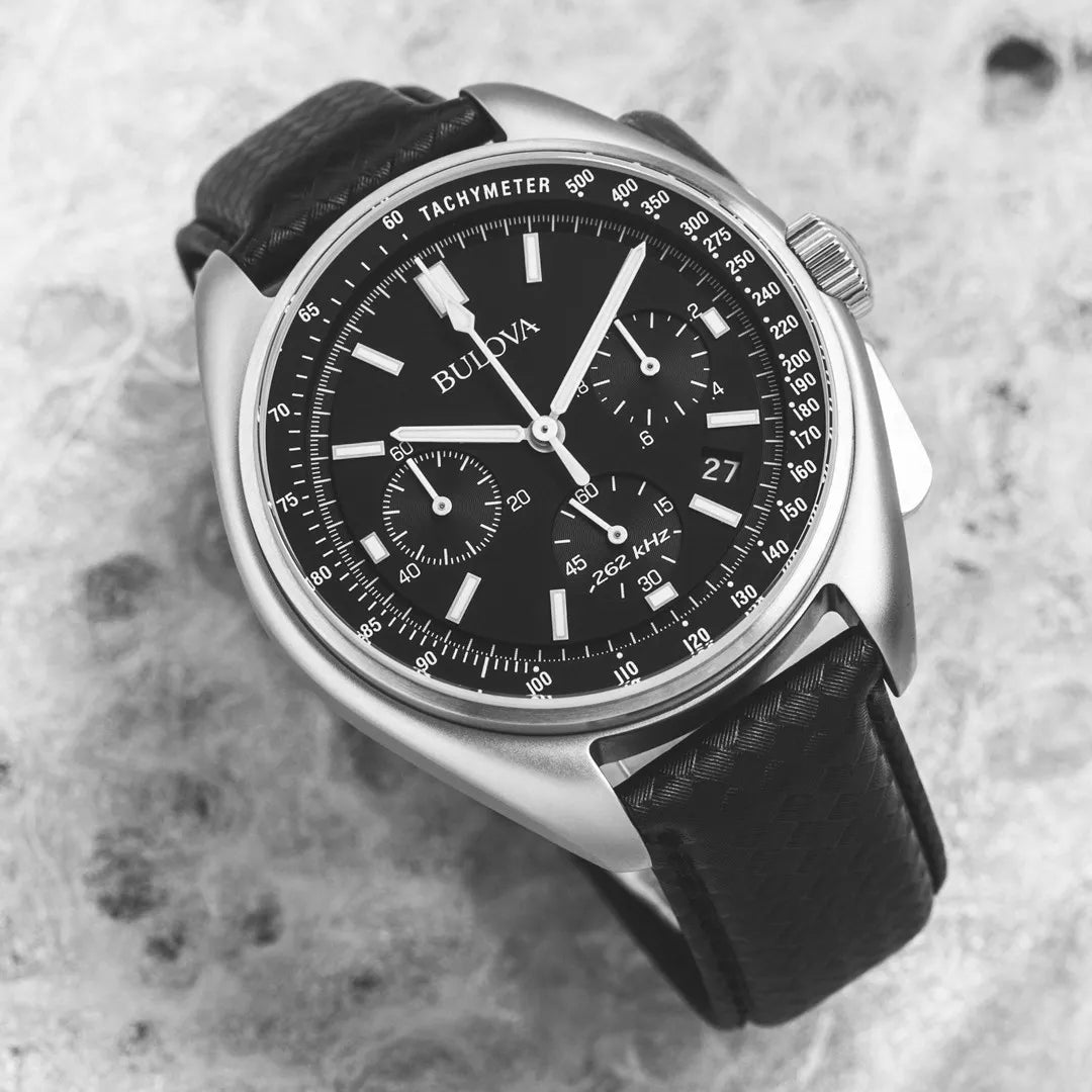 96B251 Bulova Watch Stainless Steel Black Dial Black Leather Strap Lunar Pilot