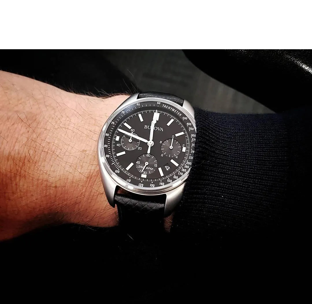 96B251 Bulova Watch Stainless Steel Black Dial Black Leather Strap Lunar Pilot On the wrist