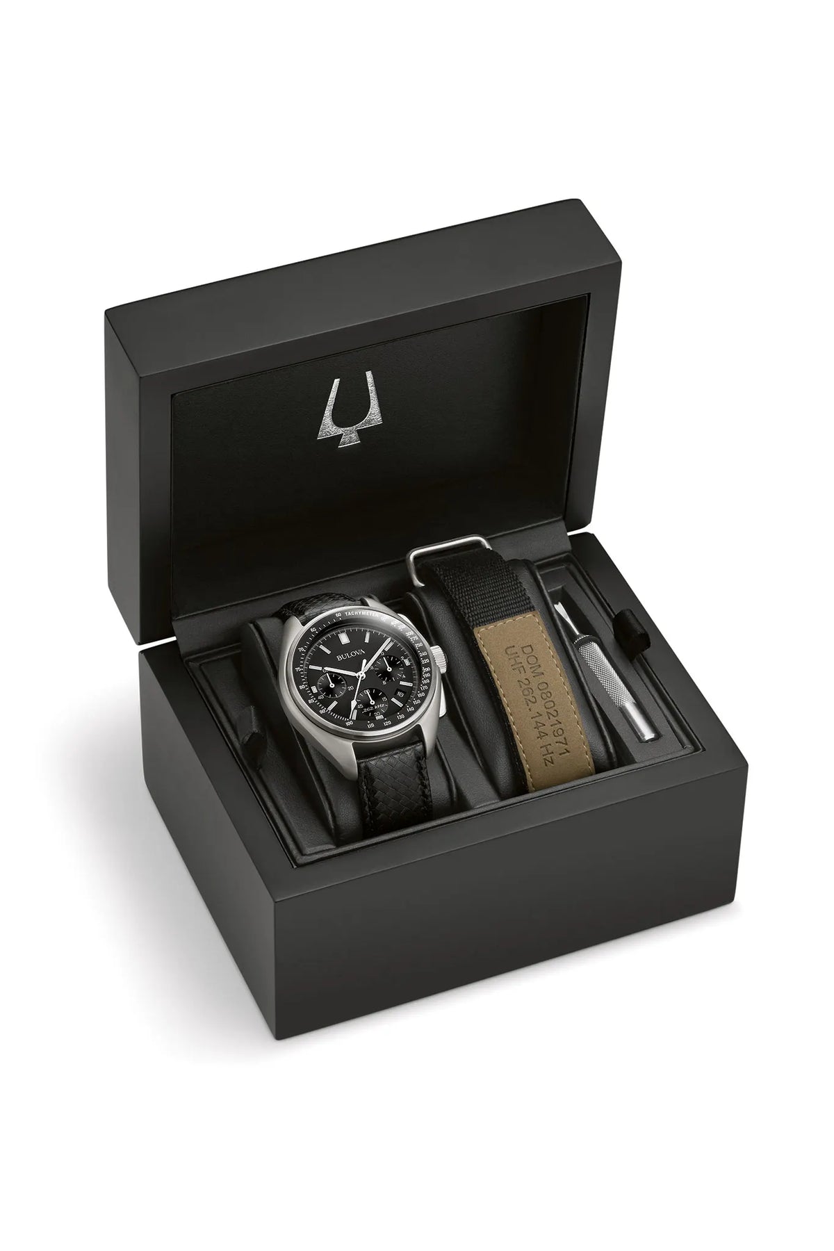 96B251 Bulova Watch Stainless Steel Black Dial Black Leather Strap Lunar Pilot inside the box