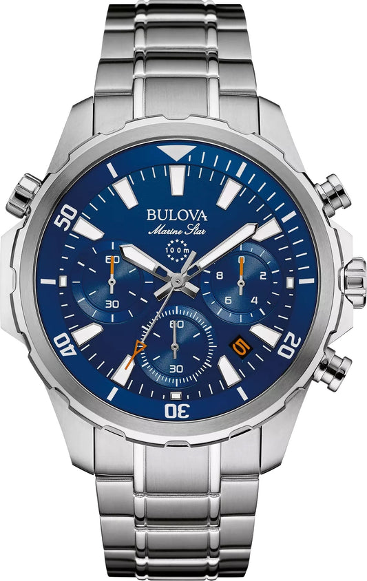 96B256 Bulova Chronograph Watch Two Tone Stainless Steel Blue Dial Bracelet Marine Star