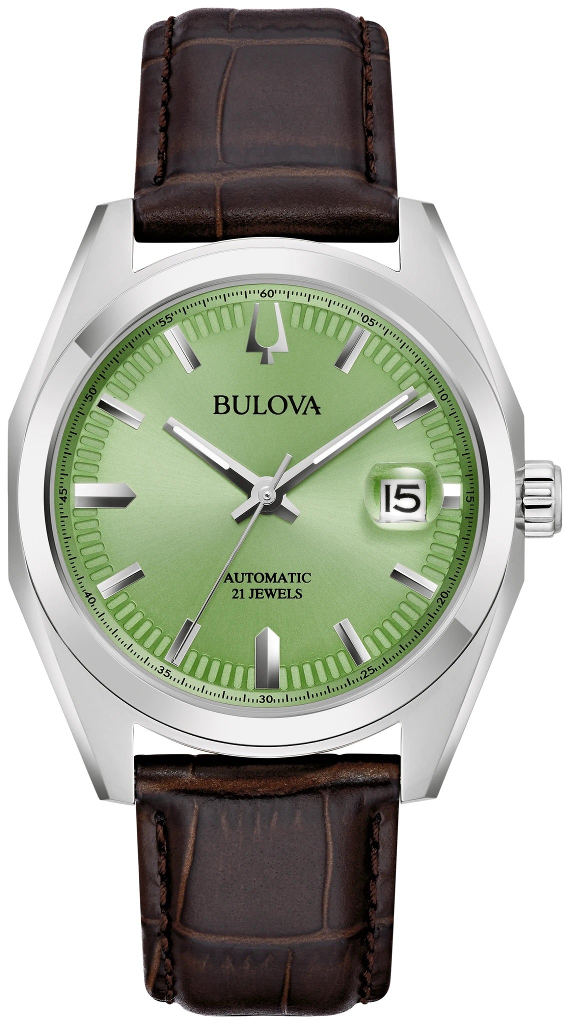 96B427 Automatic Bulova Watch Stainless Steel Light Green Dial Brown Leather Strap