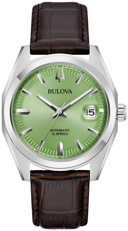 96B427 Automatic Bulova Watch Stainless Steel Light Green Dial Brown Leather Strap