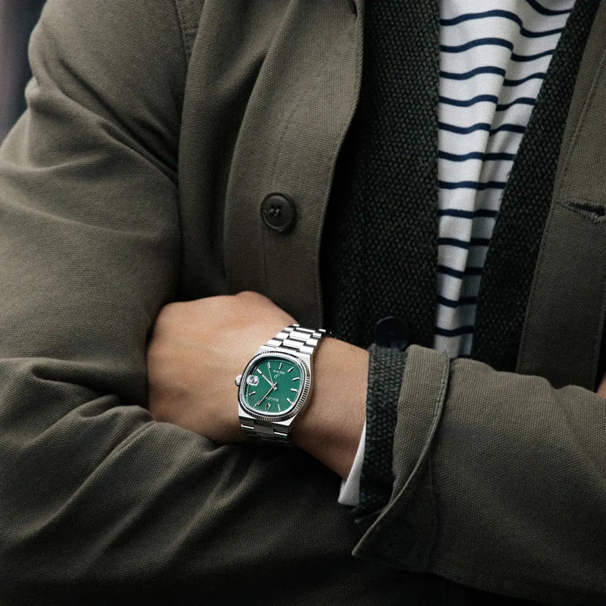 96B439 Bulova Watch Stainless Steel Green Dial Bracelet Super Seville Precisionist on the wrist