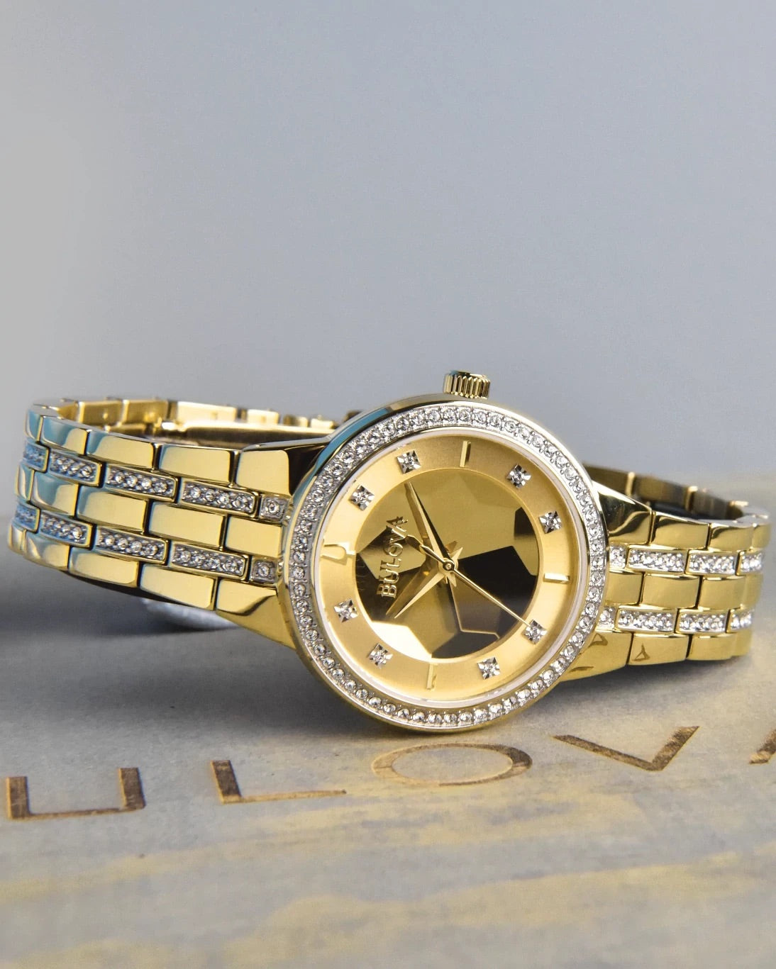 96L176 Bulova Crystal Set Bracelet Watch Stainless Steel Striking Gold Dial Phantom