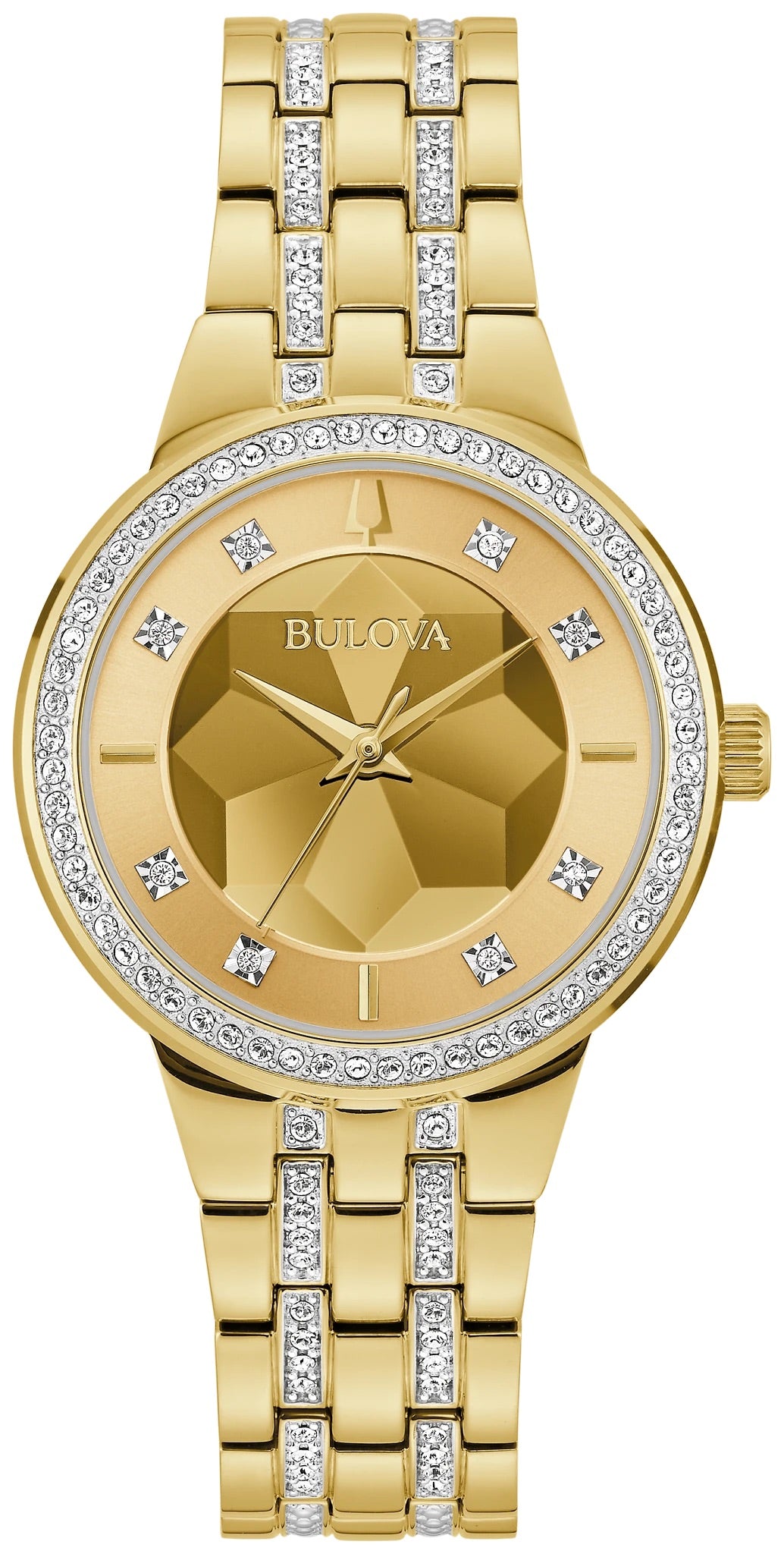 96L176 Bulova Crystal Set Bracelet Watch Stainless Steel Striking Gold Dial Phantom