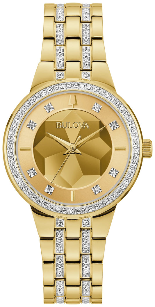 96L176 Bulova Crystal Set Bracelet Watch Stainless Steel Striking Gold Dial Phantom