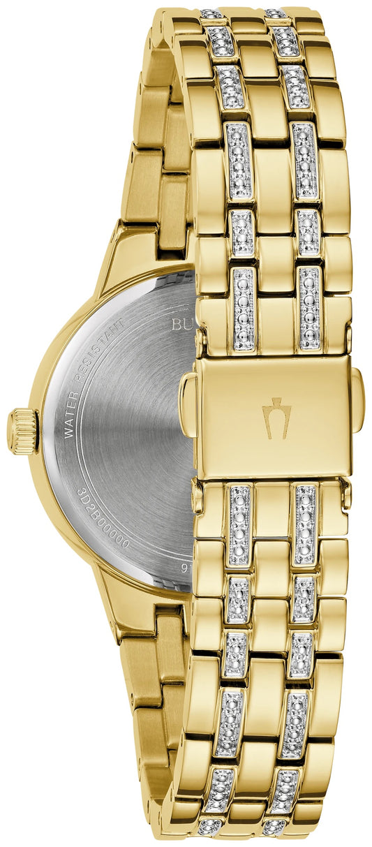 96L176 Bulova Crystal Set Bracelet Watch Stainless Steel Striking Gold Dial Phantom