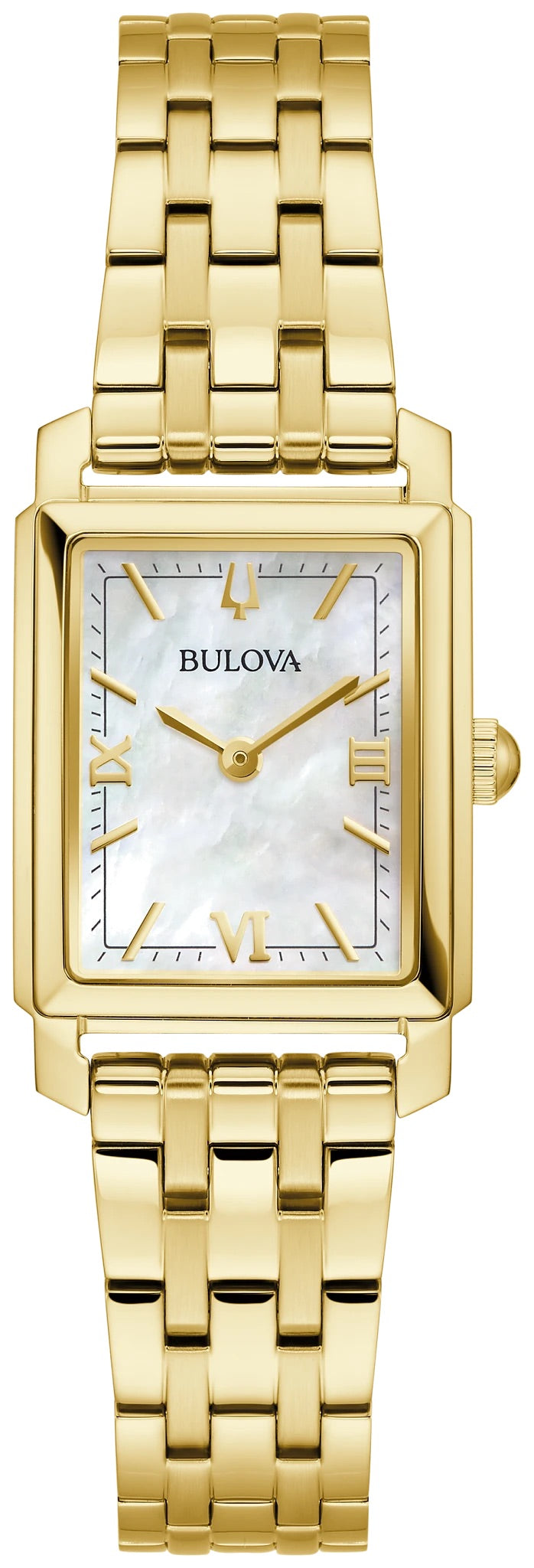 96L177 Bulova Square Watch Gold Plated Stainless Steel Mother of Pearl Dial Bracelet Sutton