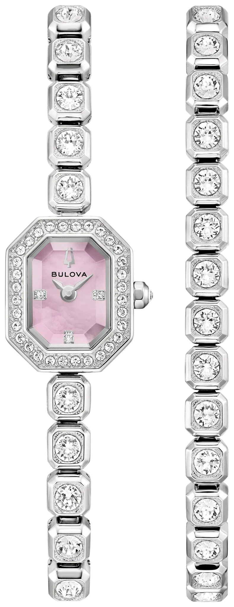 96X168 Bulova Bracelet Crystal Ladies Watch Stainless Steel Pink Dial Crystal Box Set With A Matching Bracelet