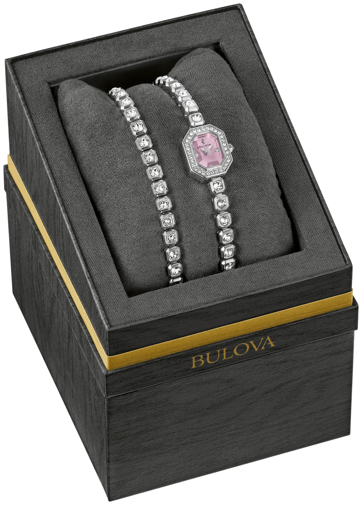 96X168 Bulova Bracelet Crystal Ladies Watch Stainless Steel Pink Dial Crystal Box Set With A Matching Bracelet