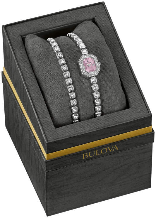96X168 Bulova Bracelet Crystal Ladies Watch Stainless Steel Pink Dial Crystal Box Set With A Matching Bracelet