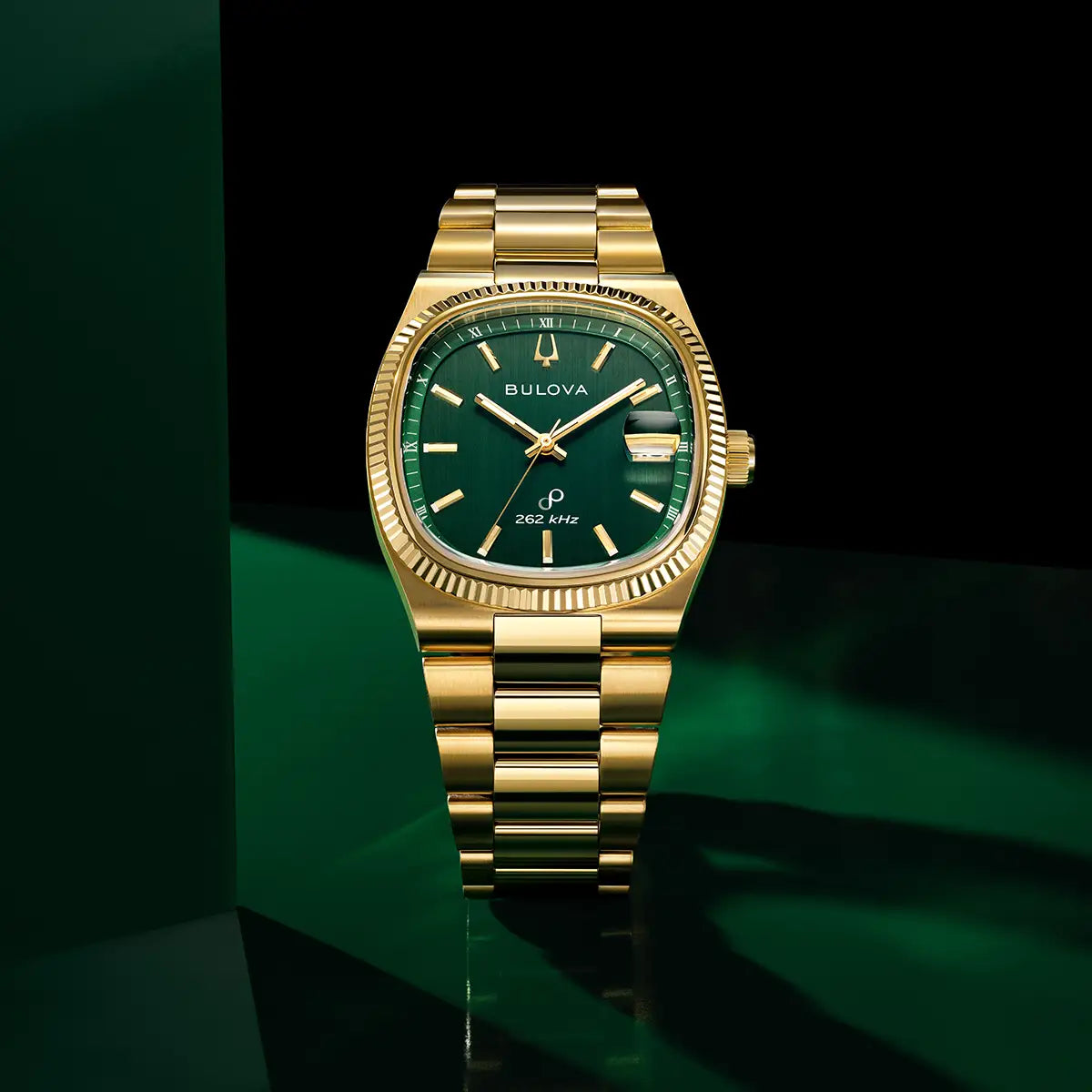 97B237 Bulova Watch Gold Plated Stainless Steel Green Dial Bracelet Super Seville Precisionist