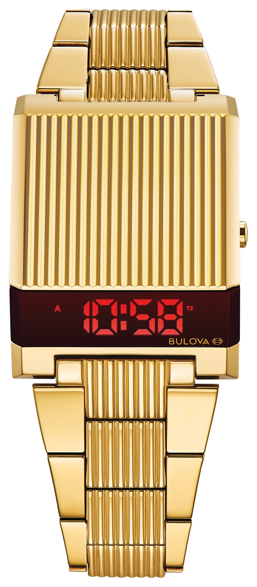 97C110 Bulova Watch Gold Plated Stainless Steel Bracelet Red Digital Computron