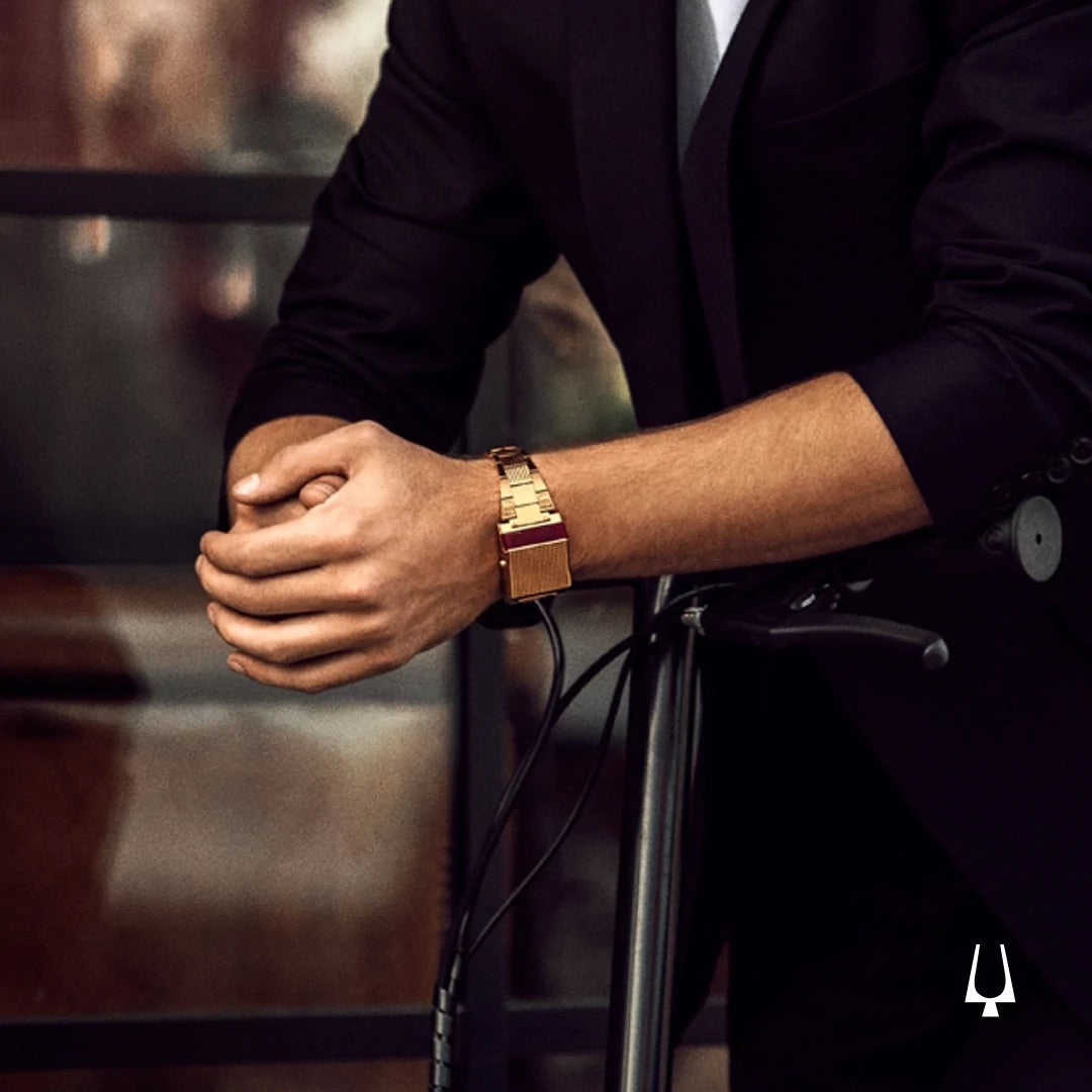 97C110 Bulova Watch Gold Plated Stainless Steel Bracelet Red Digital Computron On the wrist