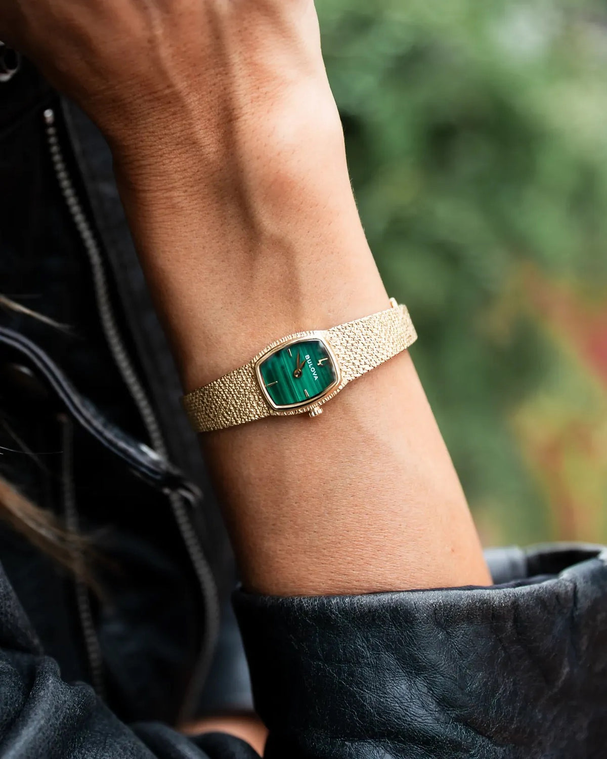 97L184 Bulova Bracelet Watch Gold Plated Stainless Steel Green Dial Goddess of Time On The Wrist