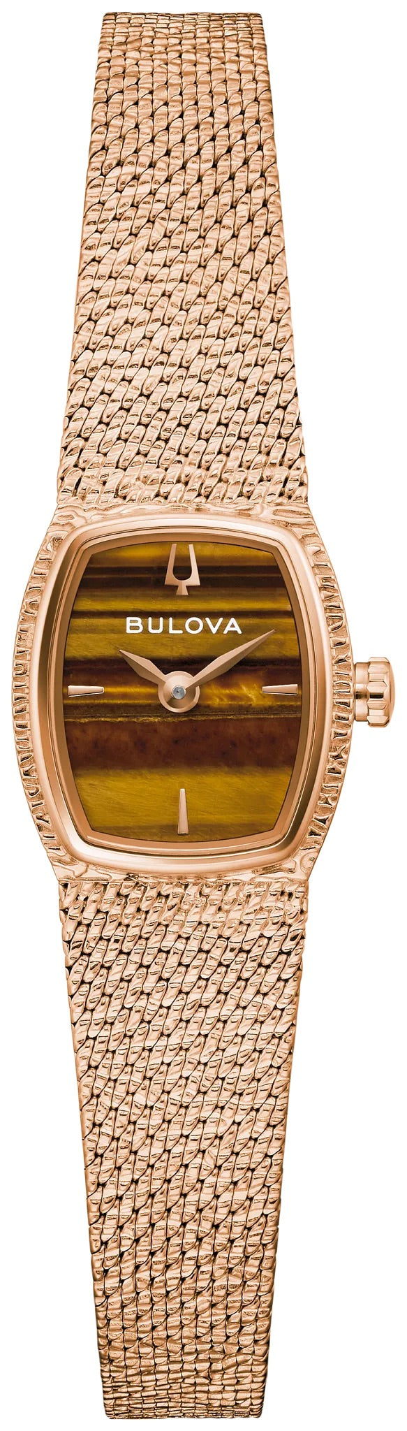 97L185 Bulova Bracelet Watch Rose Gold Plated Stainless Steel Tiger’s Eye Dial Goddess of Time