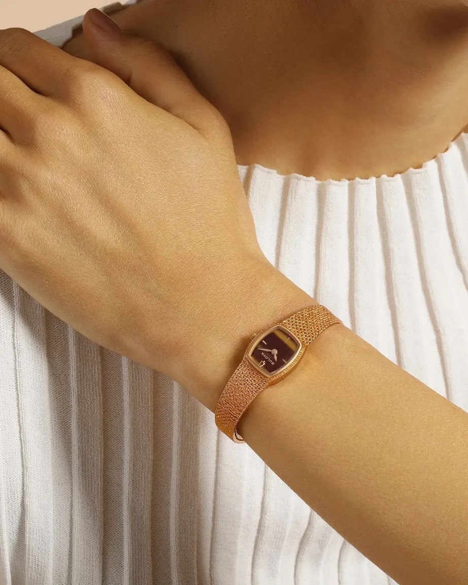 97L185 Bulova Bracelet Watch Rose Gold Plated Stainless Steel Tiger’s Eye Dial Goddess of TimeOn the wrist