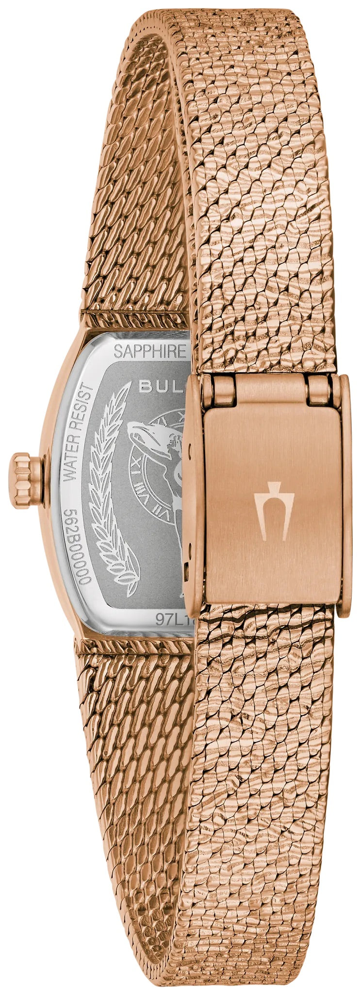 97L185 Bulova Bracelet Watch Rose Gold Plated Stainless Steel Tiger’s Eye Dial Goddess of Time