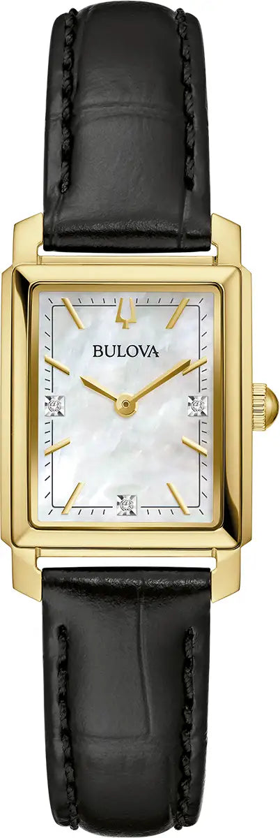97P166 Bulova Square Diamond Set Watch Gold Plated Stainless Steel Silver Dial Leather Strap Sutton
