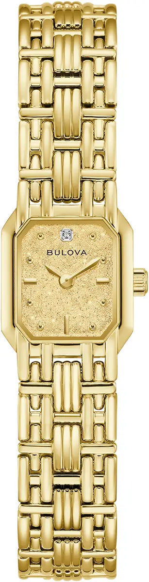 97P184 Bulova Square Diamond Set Watch Gold Plated Stainless Steel Silver Dial Bracelet Goddess of Time