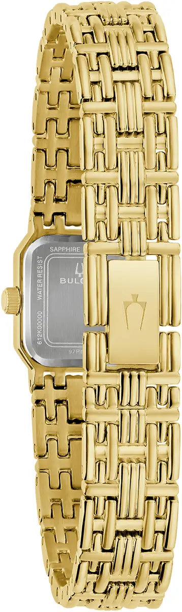 97P184 Bulova Square Diamond Set Watch Gold Plated Stainless Steel Silver Dial Bracelet Goddess of Time