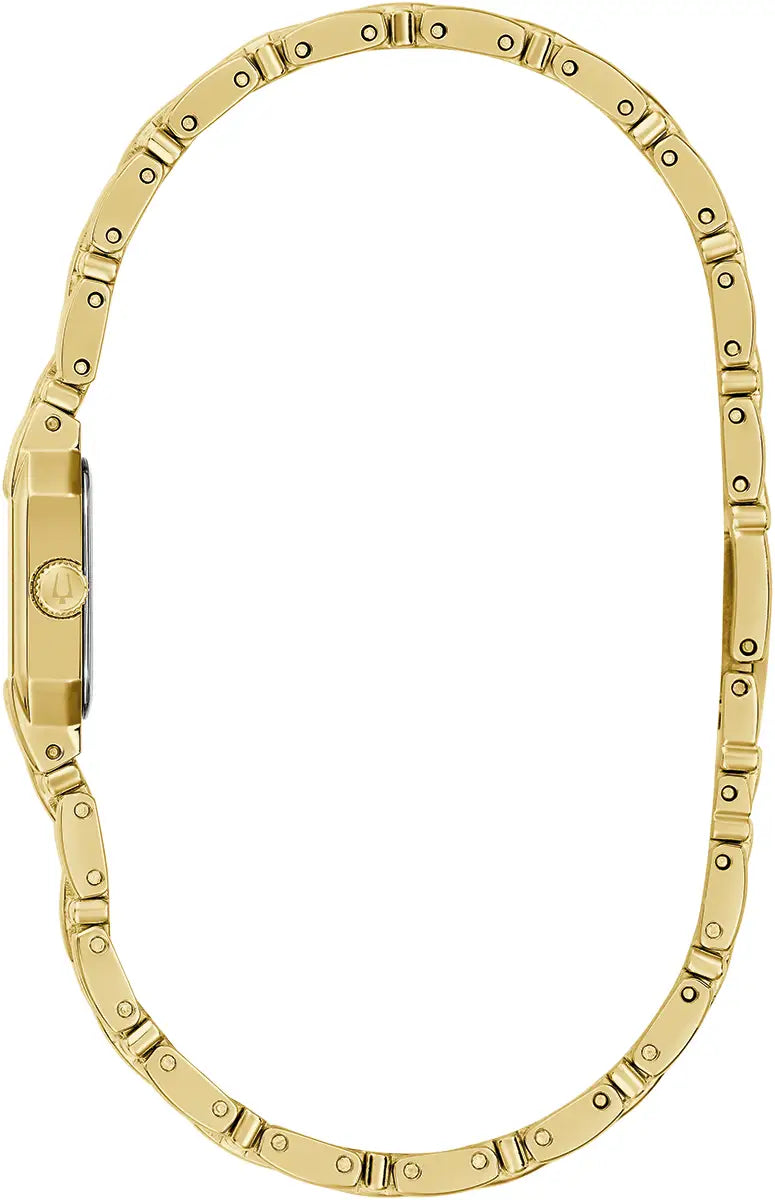97P184 Bulova Square Diamond Set Watch Gold Plated Stainless Steel Silver Dial Bracelet Goddess of Time Side view