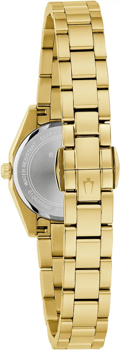 98L190 Bulova Watch Gold Plated Stainless Steel White Dial Round Bracelet Surveyor clasp detail