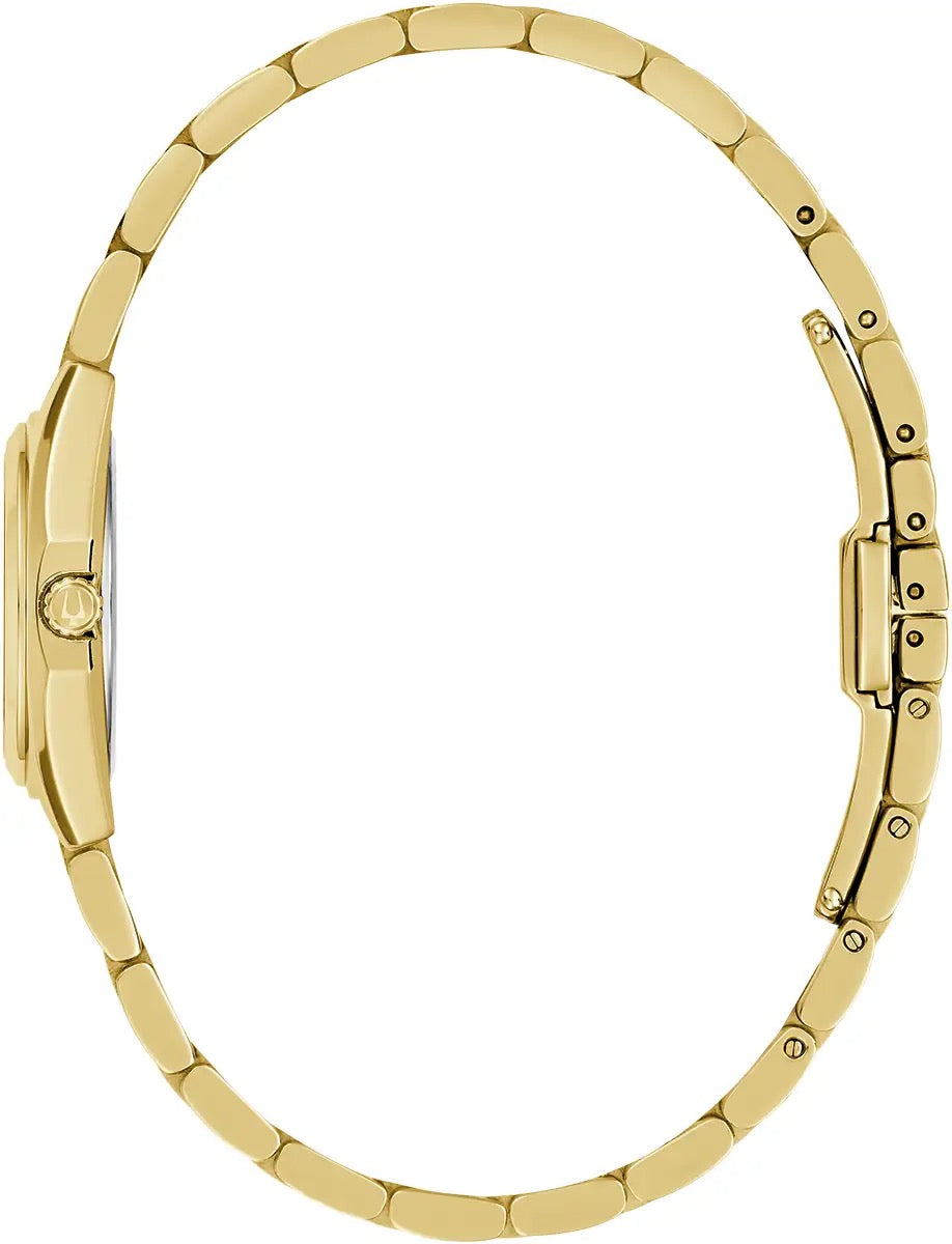 98L190 Bulova Watch Gold Plated Stainless Steel White Dial Round Bracelet Surveyor side view