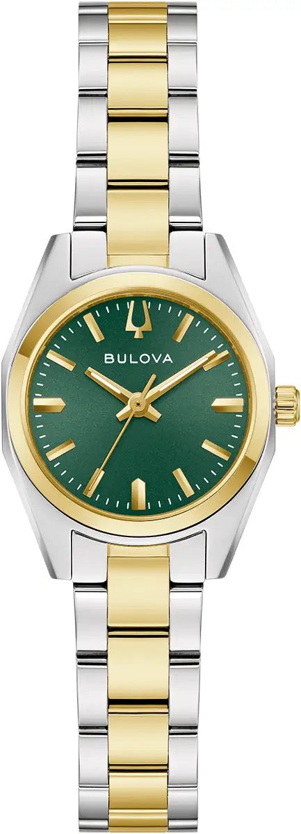 98L329 Bulova Watch Two Tone Stainless Steel Green Dial Round Bracelet Surveyor
