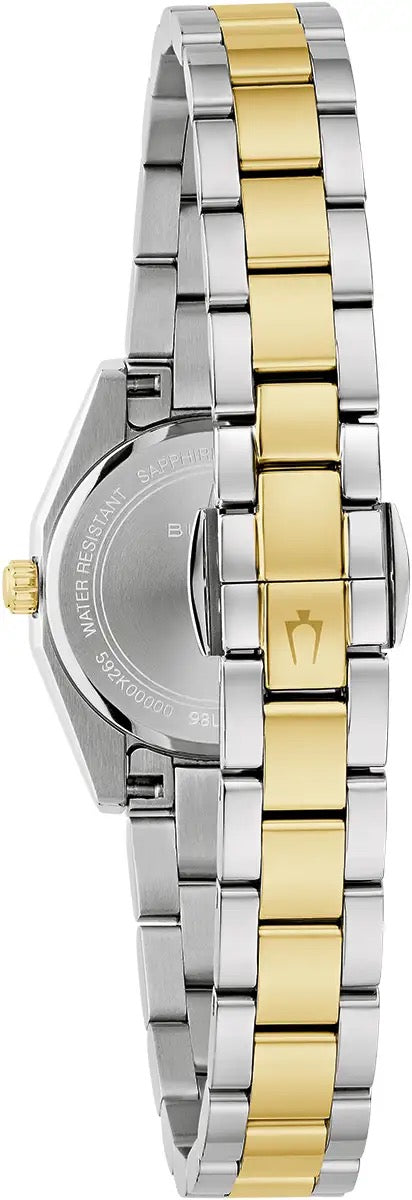 98L329 Bulova Watch Two Tone Stainless Steel Green Dial Round Bracelet Surveyor clasp detail